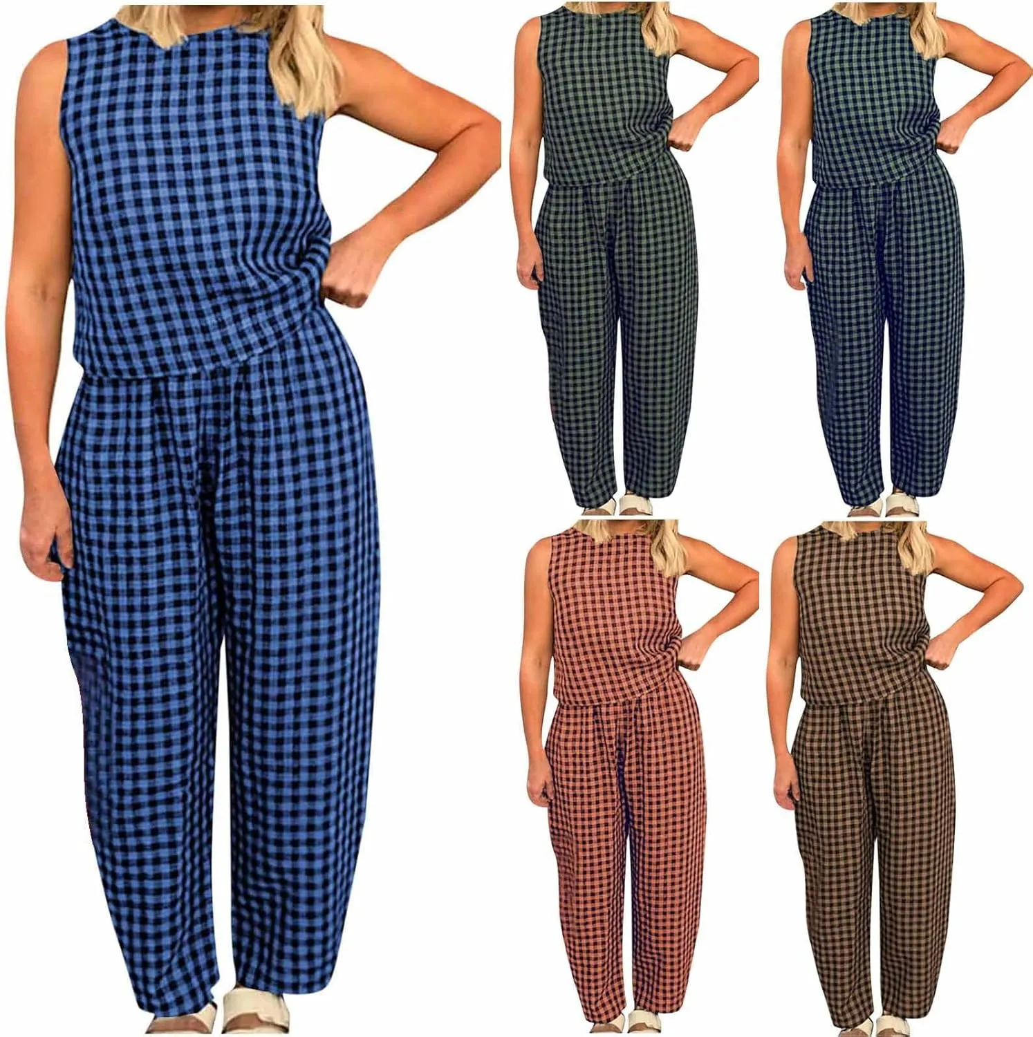 Women 2 Piece Summer Outfit Plaid Lounge Wear Sets Sleeveless Crop Tank Tops and Long Pant Set with Pocket Tracksuit