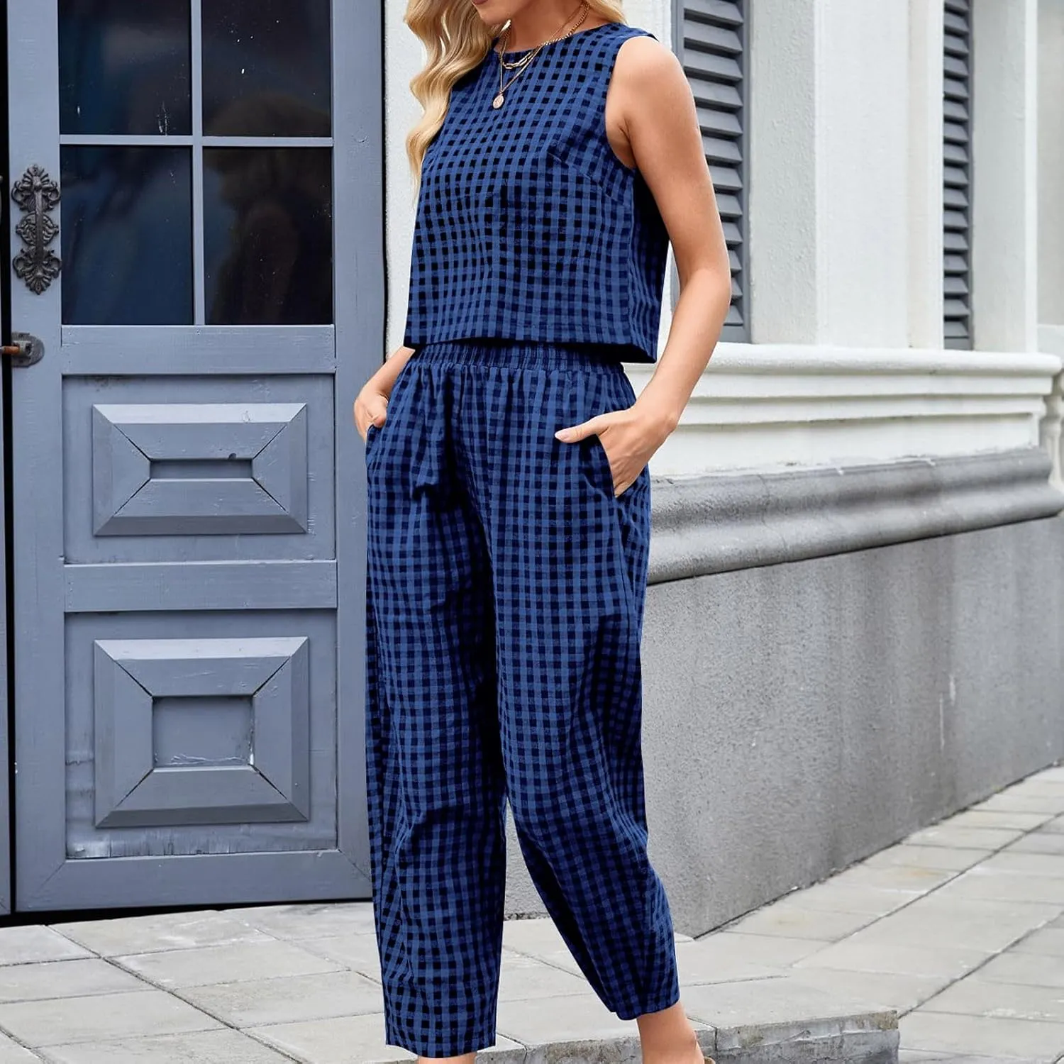 Women 2 Piece Summer Outfit Plaid Lounge Wear Sets Sleeveless Crop Tank Tops and Long Pant Set with Pocket Tracksuit