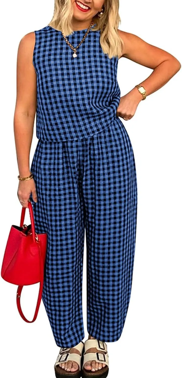 Women 2 Piece Summer Outfit Plaid Lounge Wear Sets Sleeveless Crop Tank Tops and Long Pant Set with Pocket Tracksuit