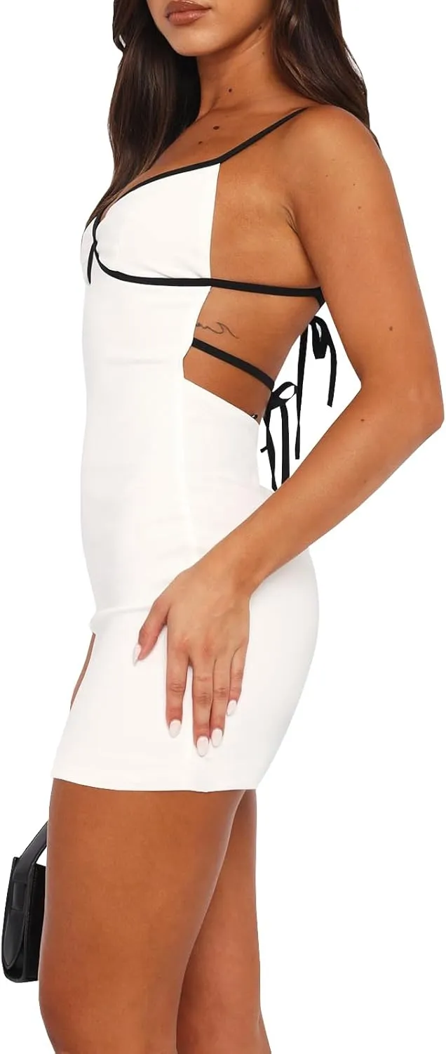Women Backless Spaghetti Strap Mini Bodycon Dress Sexy Tight Stretchy Party Club Mini Dresses