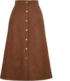 Women Corduroy Skirts Long Skirt with High Waist Narrow a Line Casual Midi Leisure Button Placket and Split Hem(m-Brown)