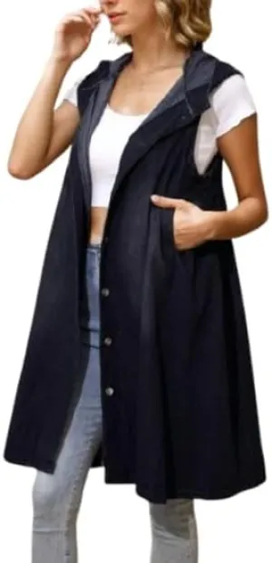 Women Denim Vest Button Down Hooded Jean Vest Oversized Casual Sleeveless Long Jean Jacket Waistcoat with Pocket