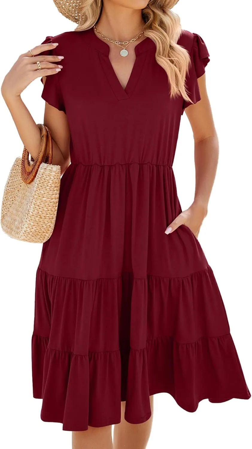 Women Dresses 2025 Boho Casual Summer Dress Ruffle Short Sleeve Aline Flowy Swing Party Travel Beach Sundress