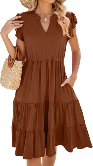Women Dresses 2025 Boho Casual Summer Dress Ruffle Short Sleeve Aline Flowy Swing Party Travel Beach Sundress