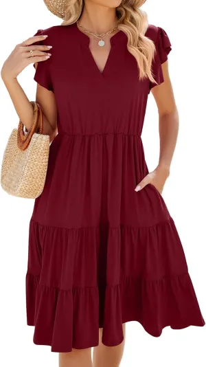 Women Dresses 2025 Boho Casual Summer Dress Ruffle Short Sleeve Aline Flowy Swing Party Travel Beach Sundress