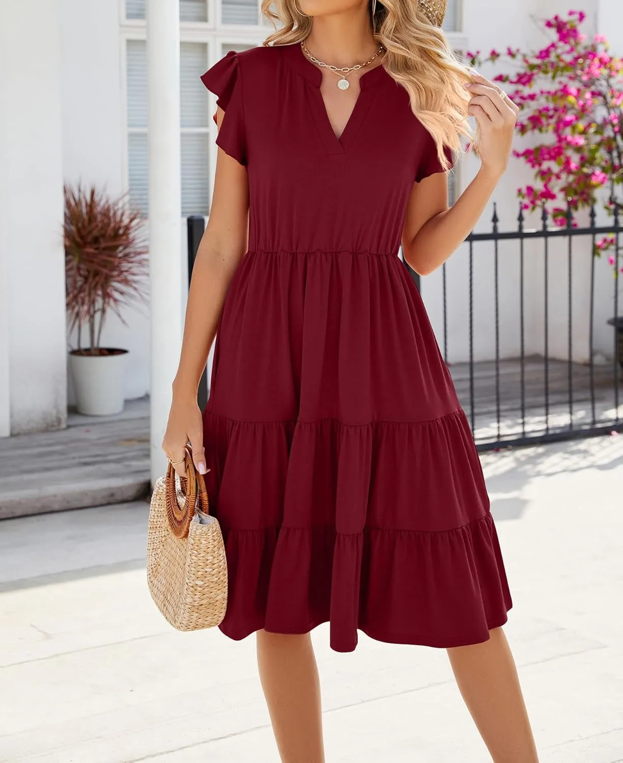 Women Dresses 2025 Boho Casual Summer Dress Ruffle Short Sleeve Aline Flowy Swing Party Travel Beach Sundress