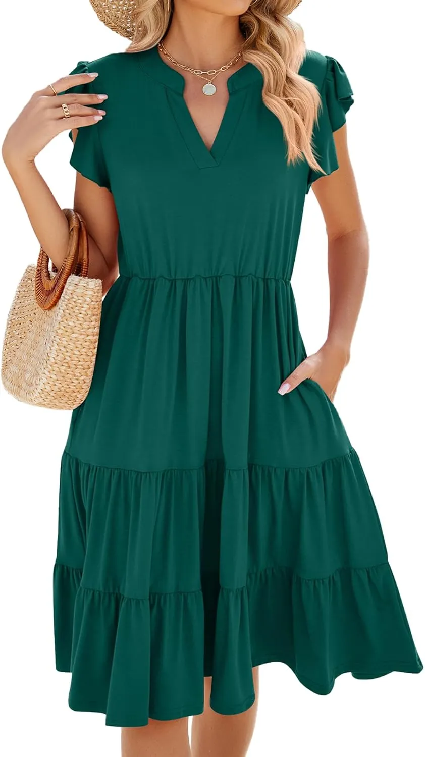 Women Dresses 2025 Boho Casual Summer Dress Ruffle Short Sleeve Aline Flowy Swing Party Travel Beach Sundress
