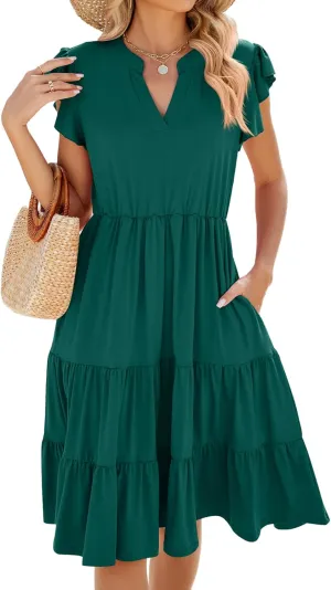 Women Dresses 2025 Boho Casual Summer Dress Ruffle Short Sleeve Aline Flowy Swing Party Travel Beach Sundress