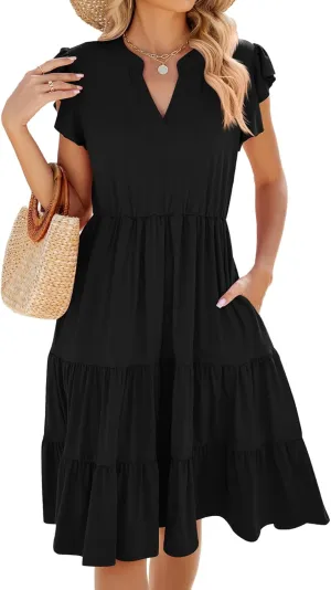 Women Dresses 2025 Boho Casual Summer Dress Ruffle Short Sleeve Aline Flowy Swing Party Travel Beach Sundress