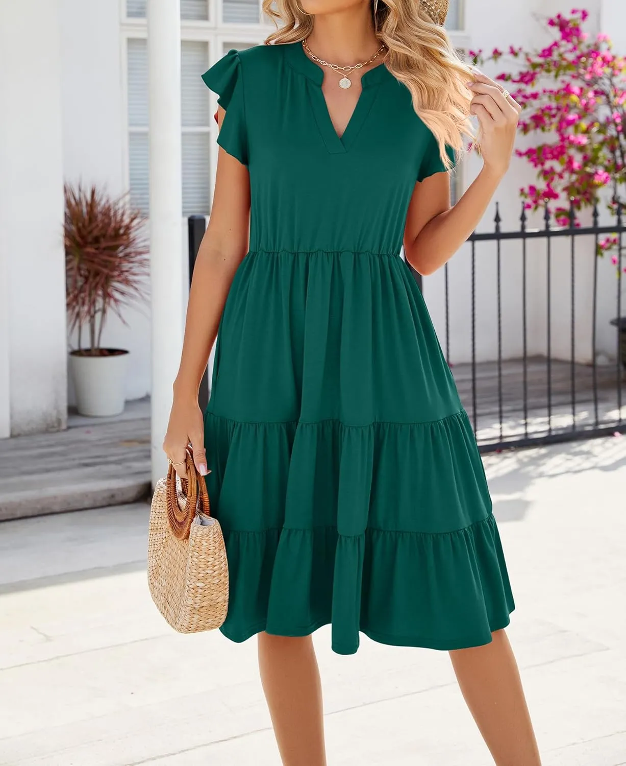 Women Dresses 2025 Boho Casual Summer Dress Ruffle Short Sleeve Aline Flowy Swing Party Travel Beach Sundress
