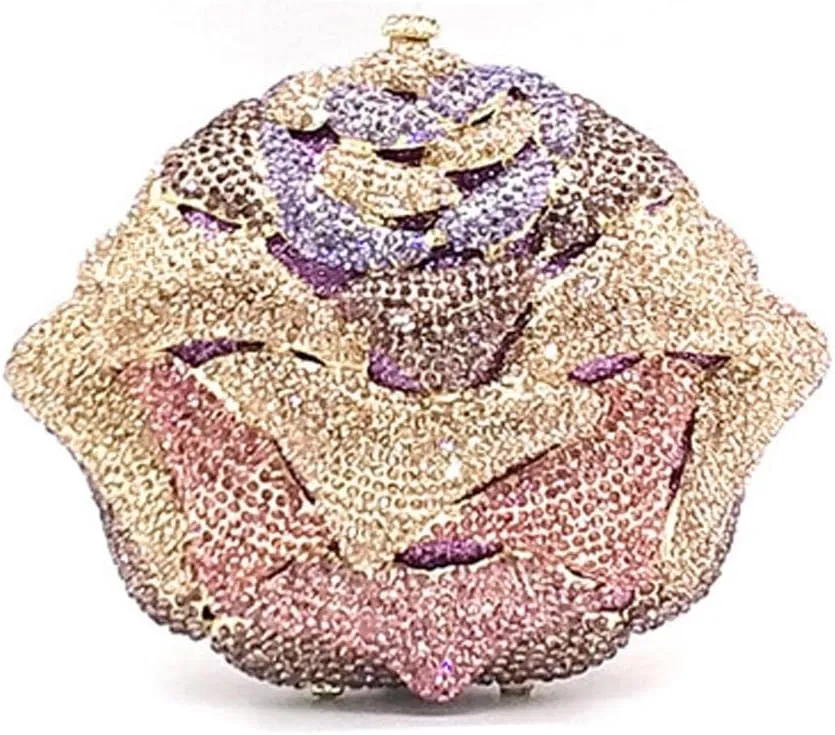 Women Evening Party Bag Diamonds Crystal Clutch Bridal Wedding Party Wallet Purse Handbag Luxury Rose Flower Crystal Purses(E)