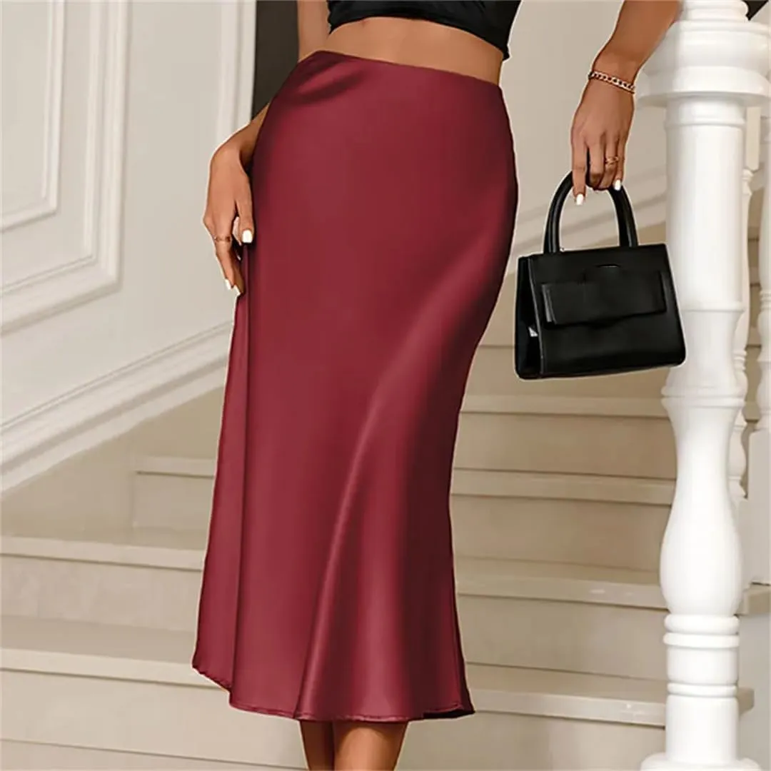 Women Fashion Satin Solid Pleated Midi Skirt Elastic Waist Female Skirts Korean Pencil Silk Skirt