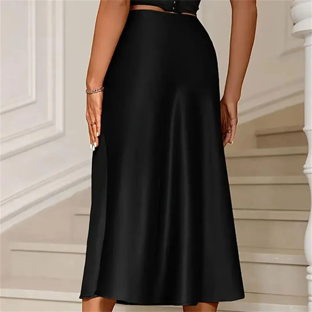 Women Fashion Satin Solid Pleated Midi Skirt Elastic Waist Female Skirts Korean Pencil Silk Skirt