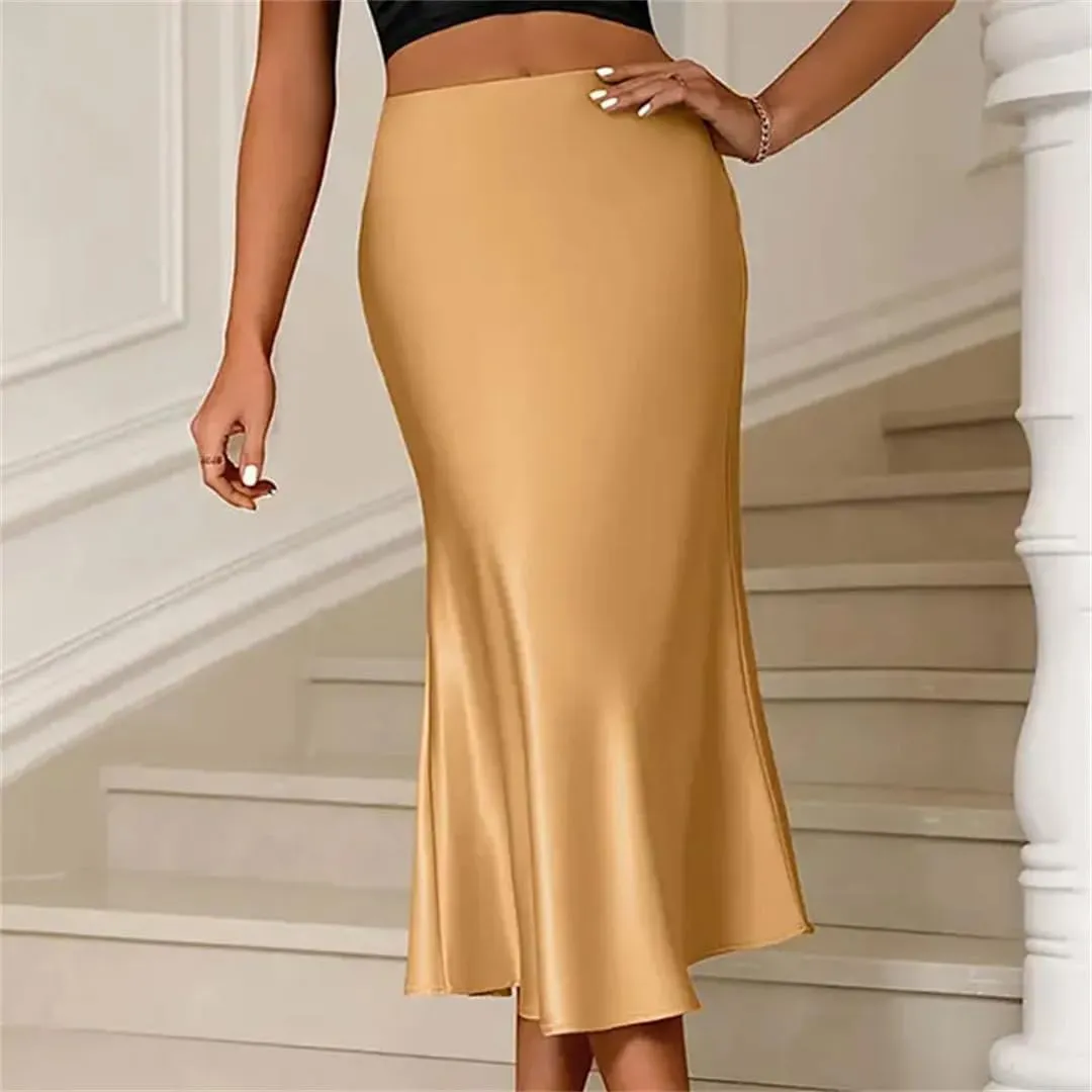Women Fashion Satin Solid Pleated Midi Skirt Elastic Waist Female Skirts Korean Pencil Silk Skirt