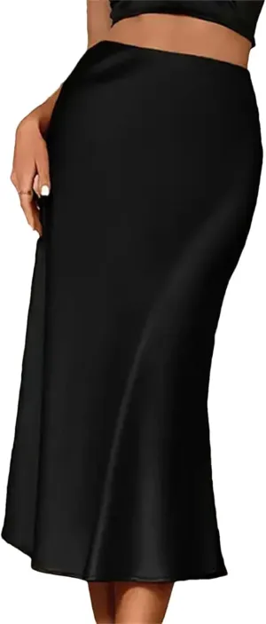 Women Fashion Satin Solid Pleated Midi Skirt Elastic Waist Female Skirts Korean Pencil Silk Skirt