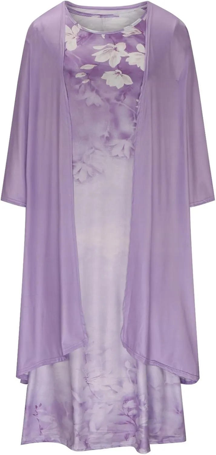 Women Floral Flowy Midi Dresses with Jacket Plus Size 2 Piece Sets Cocktail Wedding Guest Dress and Cardigan Outfits