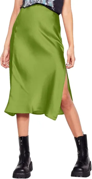 Women Korean Satin Silk Skirt High Waisted Summer Midi Skirt with Slit Solid Elegant Ladies Office Skirts