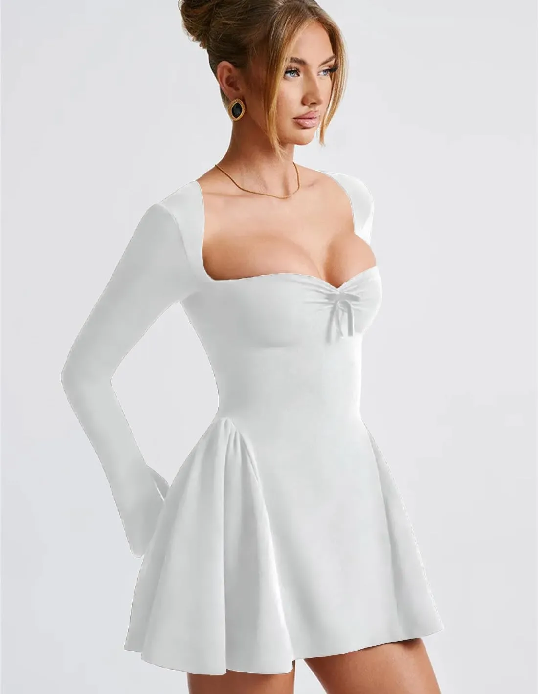 Women Long Sleeve Mini Dress Sweetheart Neckline Bodycon Short Dress Club Cocktail Party Corset Dresses