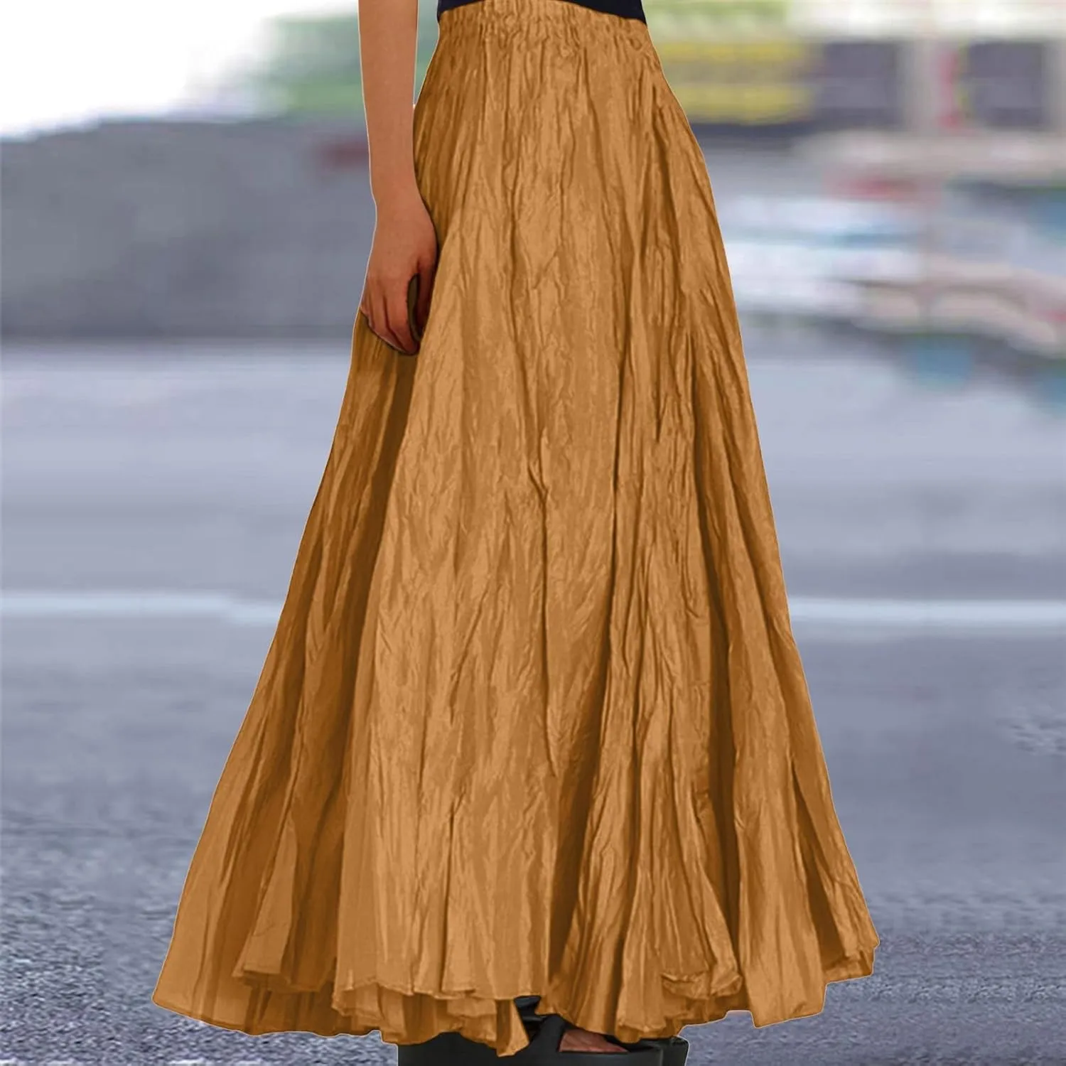 Women Maxi Skirt High Elastic Waist A Line Long Skirt Summer Casual Ruffle Pleated Midi Dress Vintage Wrap Loose