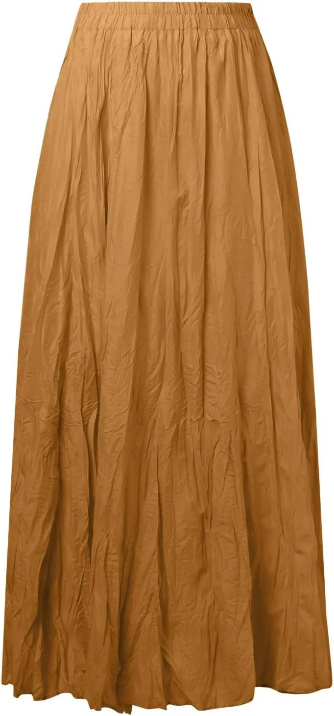 Women Maxi Skirt High Elastic Waist A Line Long Skirt Summer Casual Ruffle Pleated Midi Dress Vintage Wrap Loose