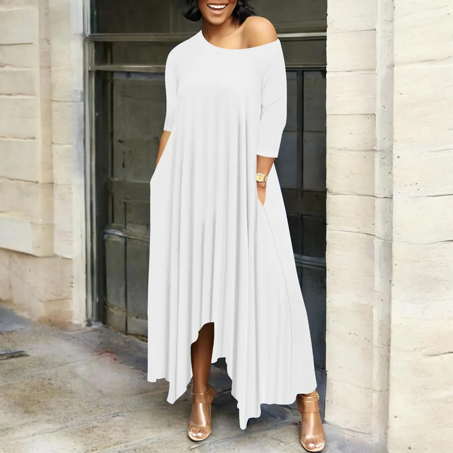 Women Off Shoulder Solid Color Fall Dresses 3/4 Sleeve Swing Ruffle Irregular Hem A Line Flowy Long Maxi Dress with Pockets
