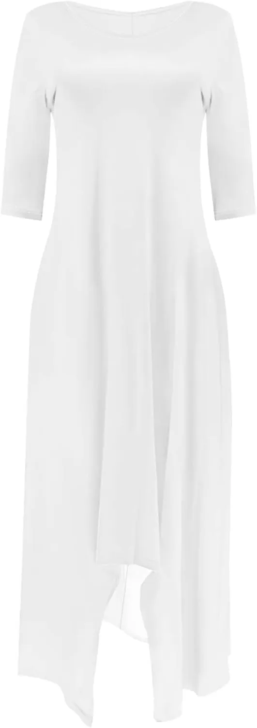 Women Off Shoulder Solid Color Fall Dresses 3/4 Sleeve Swing Ruffle Irregular Hem A Line Flowy Long Maxi Dress with Pockets