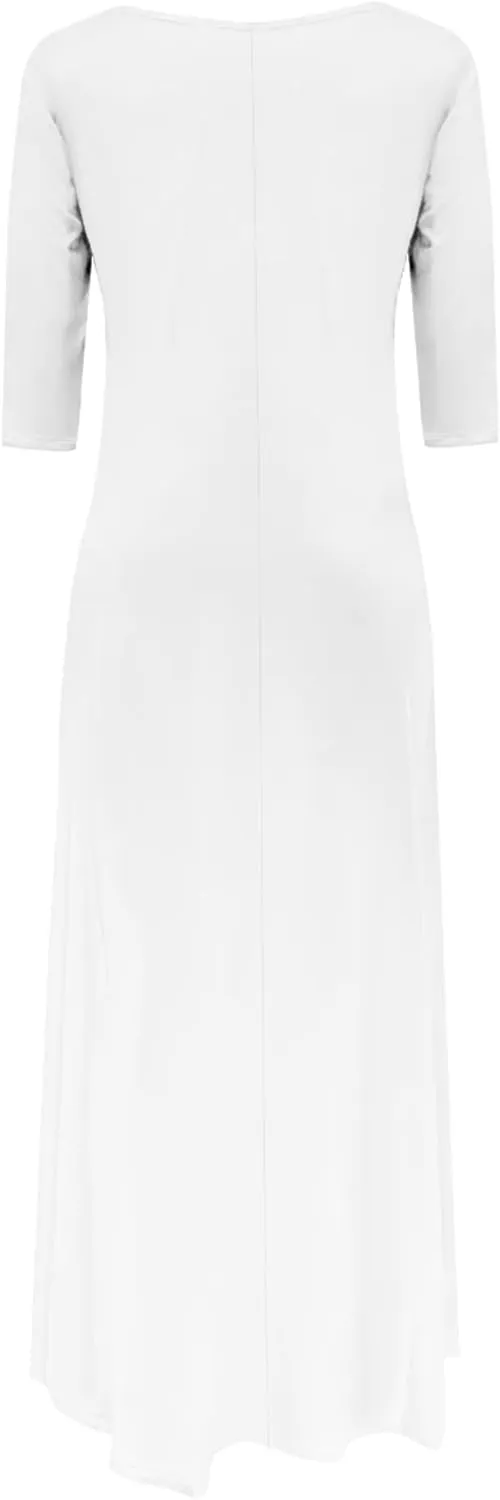 Women Off Shoulder Solid Color Fall Dresses 3/4 Sleeve Swing Ruffle Irregular Hem A Line Flowy Long Maxi Dress with Pockets