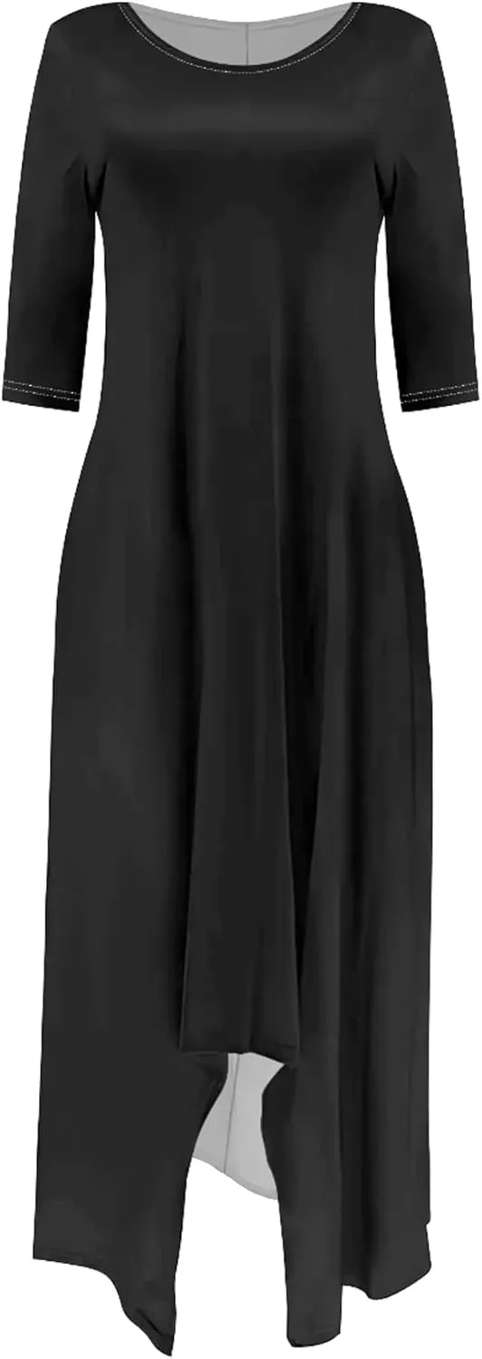 Women Off Shoulder Solid Color Fall Dresses 3/4 Sleeve Swing Ruffle Irregular Hem A Line Flowy Long Maxi Dress with Pockets