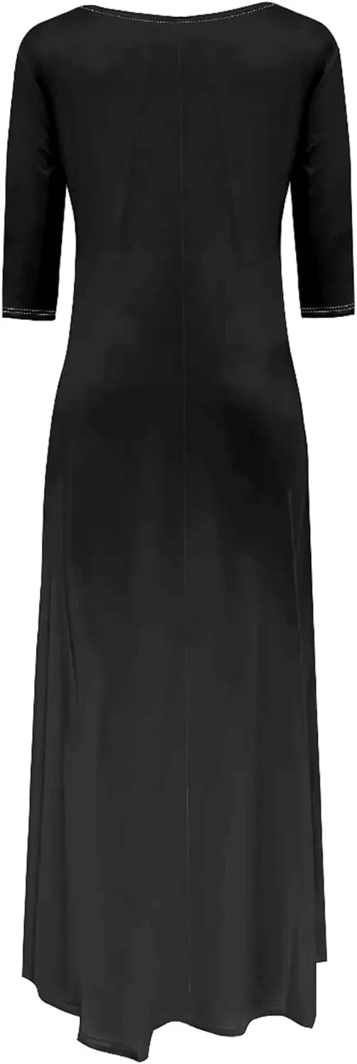 Women Off Shoulder Solid Color Fall Dresses 3/4 Sleeve Swing Ruffle Irregular Hem A Line Flowy Long Maxi Dress with Pockets