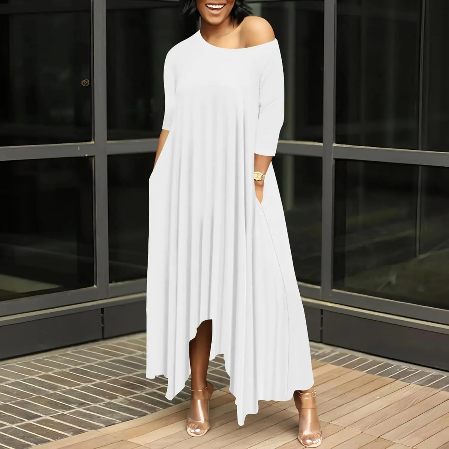 Women Off Shoulder Solid Color Fall Dresses 3/4 Sleeve Swing Ruffle Irregular Hem A Line Flowy Long Maxi Dress with Pockets