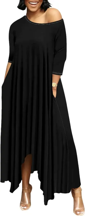 Women Off Shoulder Solid Color Fall Dresses 3/4 Sleeve Swing Ruffle Irregular Hem A Line Flowy Long Maxi Dress with Pockets