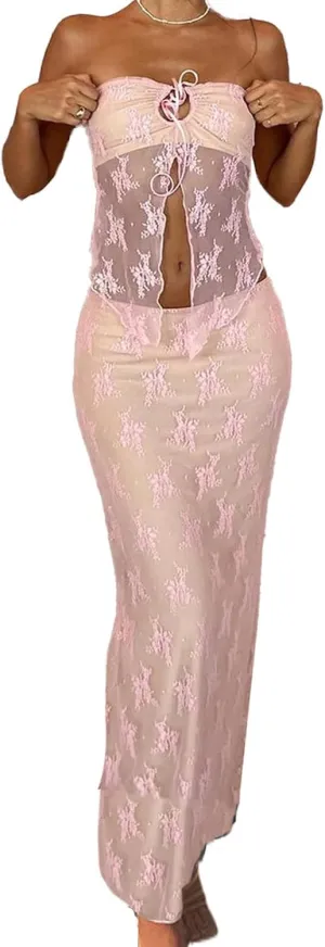 Women Sexy Two Piece Maxi Skirt Set Y2k Front Split Hem Strapless Lace Tube Top and Low Rise Long Skirt Set Clubwear