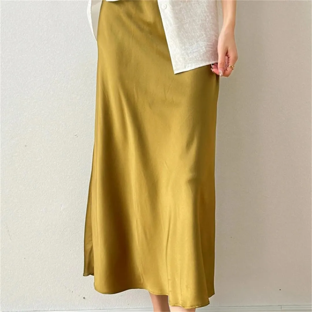 Women Silk Skir Midi Skirt Casual High Waisted Solid Satin Summer Beach Party Skirts