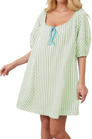 Women Striped Summer Dress with Pockets Casual Loose Puff Sleeve Mini Dress Adjustable V Neck Oversized Sundress