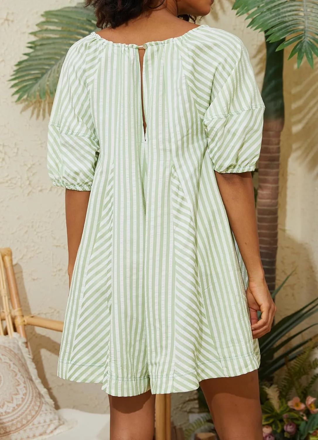 Women Striped Summer Dress with Pockets Casual Loose Puff Sleeve Mini Dress Adjustable V Neck Oversized Sundress