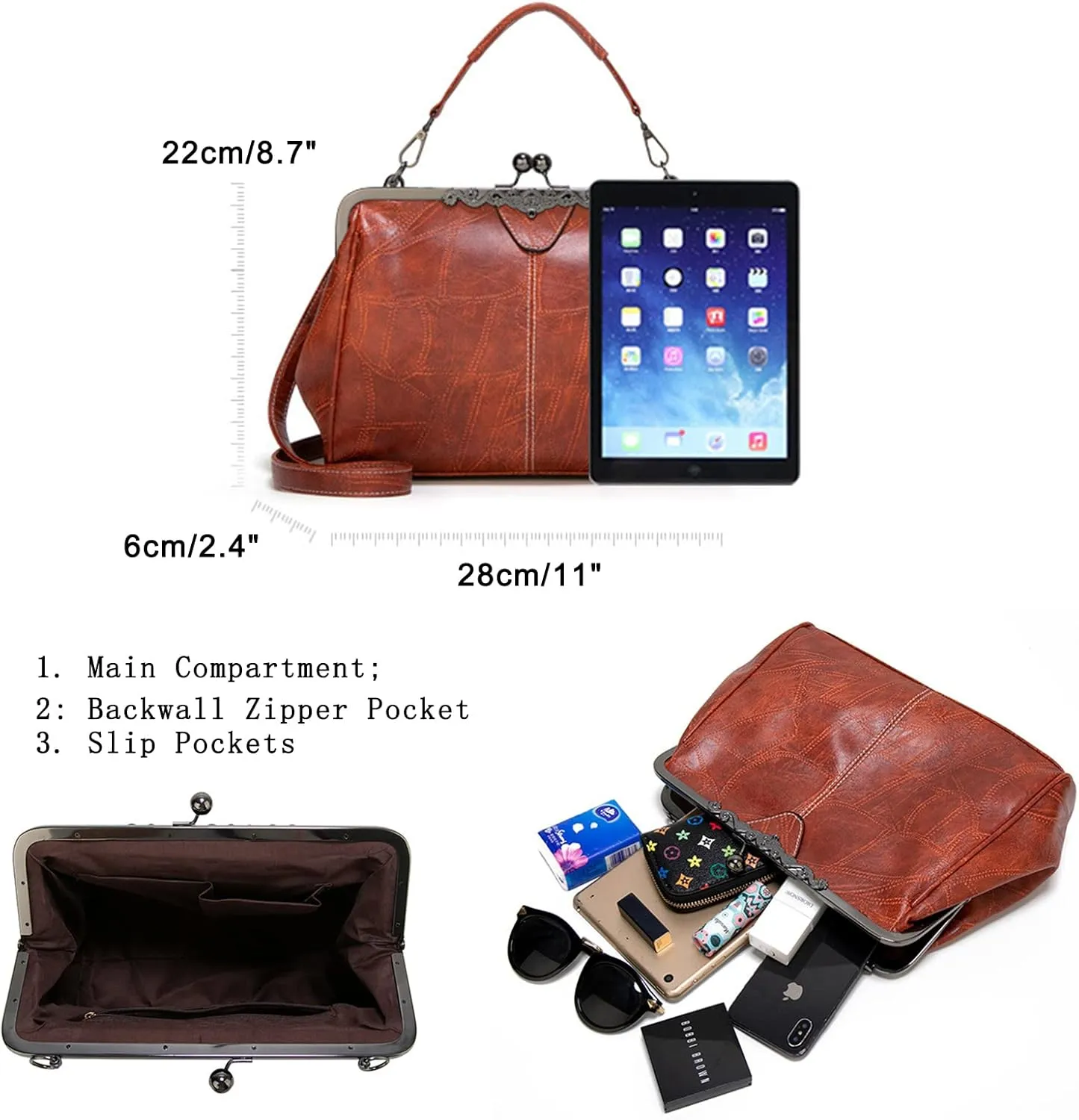 Women Vintage Kiss LockHandbags for Women PU Leather Evening Clutch Satchel Purse Tote, Black