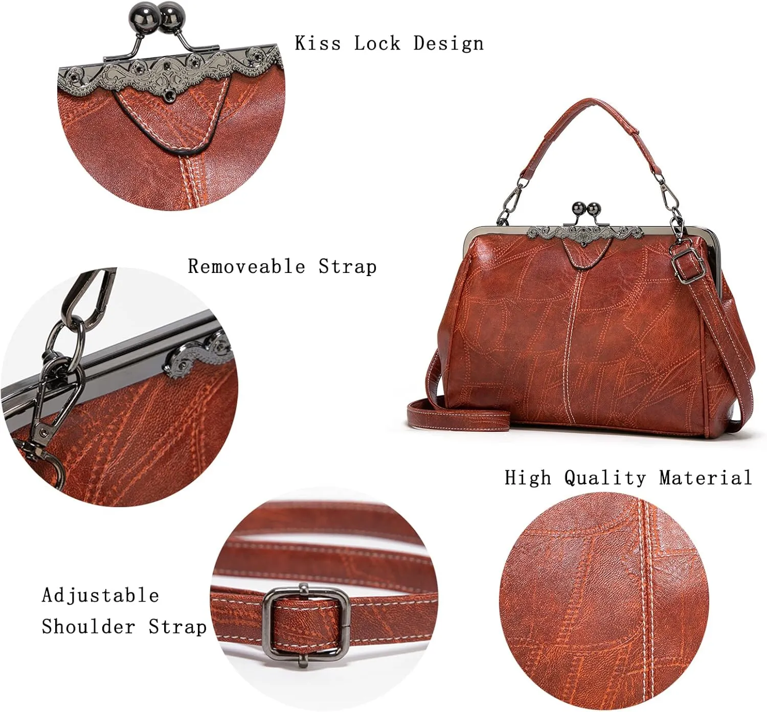 Women Vintage Kiss LockHandbags for Women PU Leather Evening Clutch Satchel Purse Tote, Black