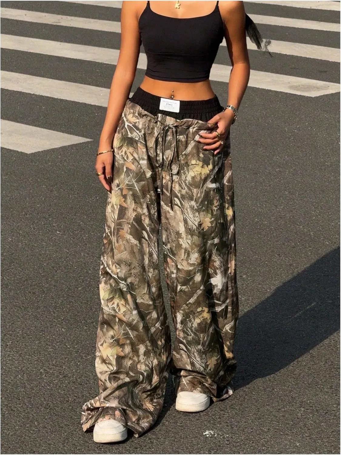 Women's 2 in 1 Baggy Camo Pants Letter Patched Drawstring Waist Wide Leg Pants Trousers