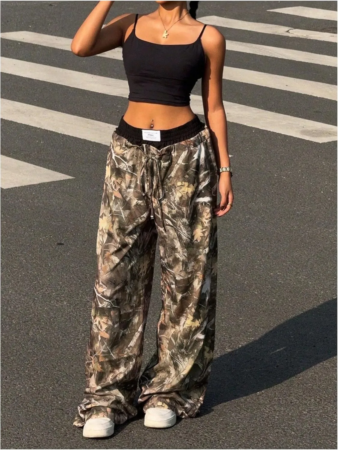 Women's 2 in 1 Baggy Camo Pants Letter Patched Drawstring Waist Wide Leg Pants Trousers