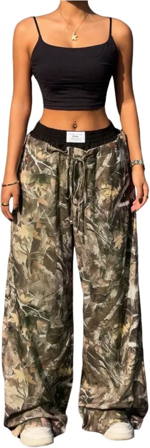 Women's 2 in 1 Baggy Camo Pants Letter Patched Drawstring Waist Wide Leg Pants Trousers