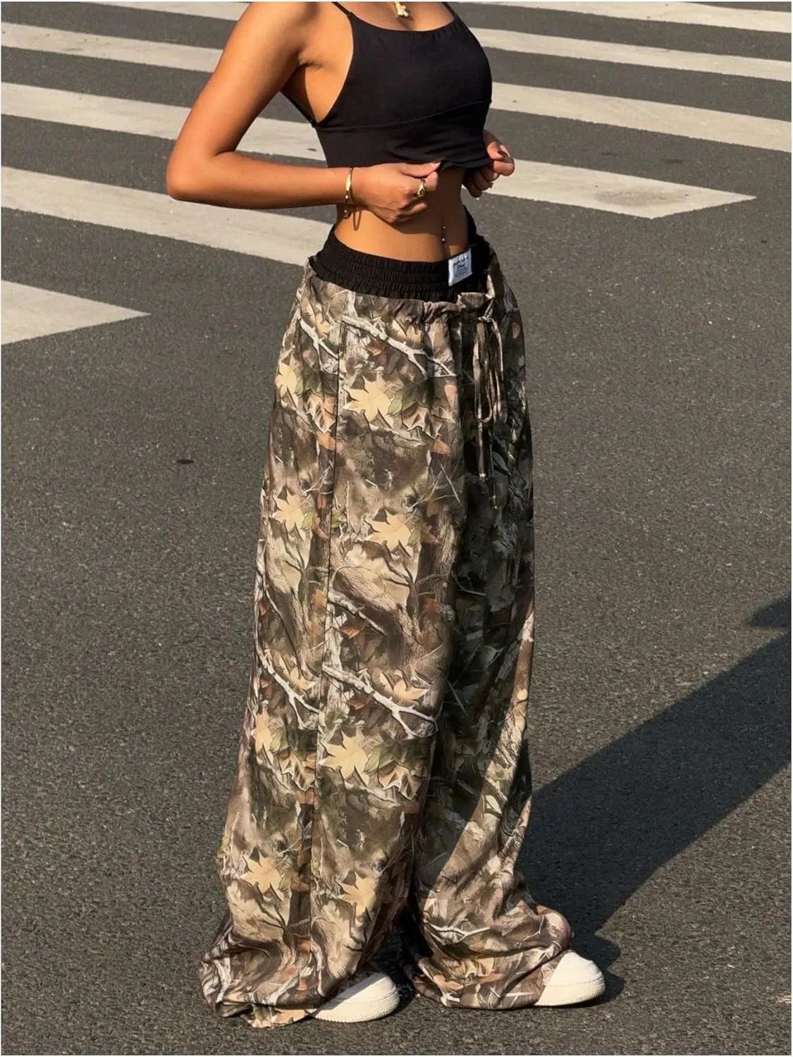 Women's 2 in 1 Baggy Camo Pants Letter Patched Drawstring Waist Wide Leg Pants Trousers