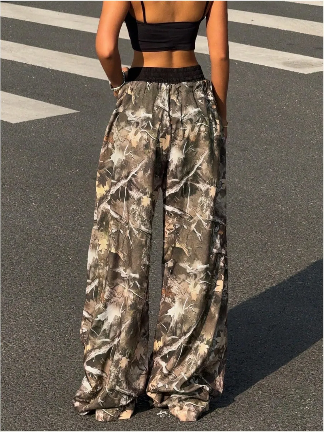 Women's 2 in 1 Baggy Camo Pants Letter Patched Drawstring Waist Wide Leg Pants Trousers