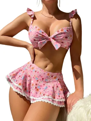 Women's 2 Piece Floral Print Bikini Sets with Frill Trim Skort Swimsuit Bathing Suit Beachwear