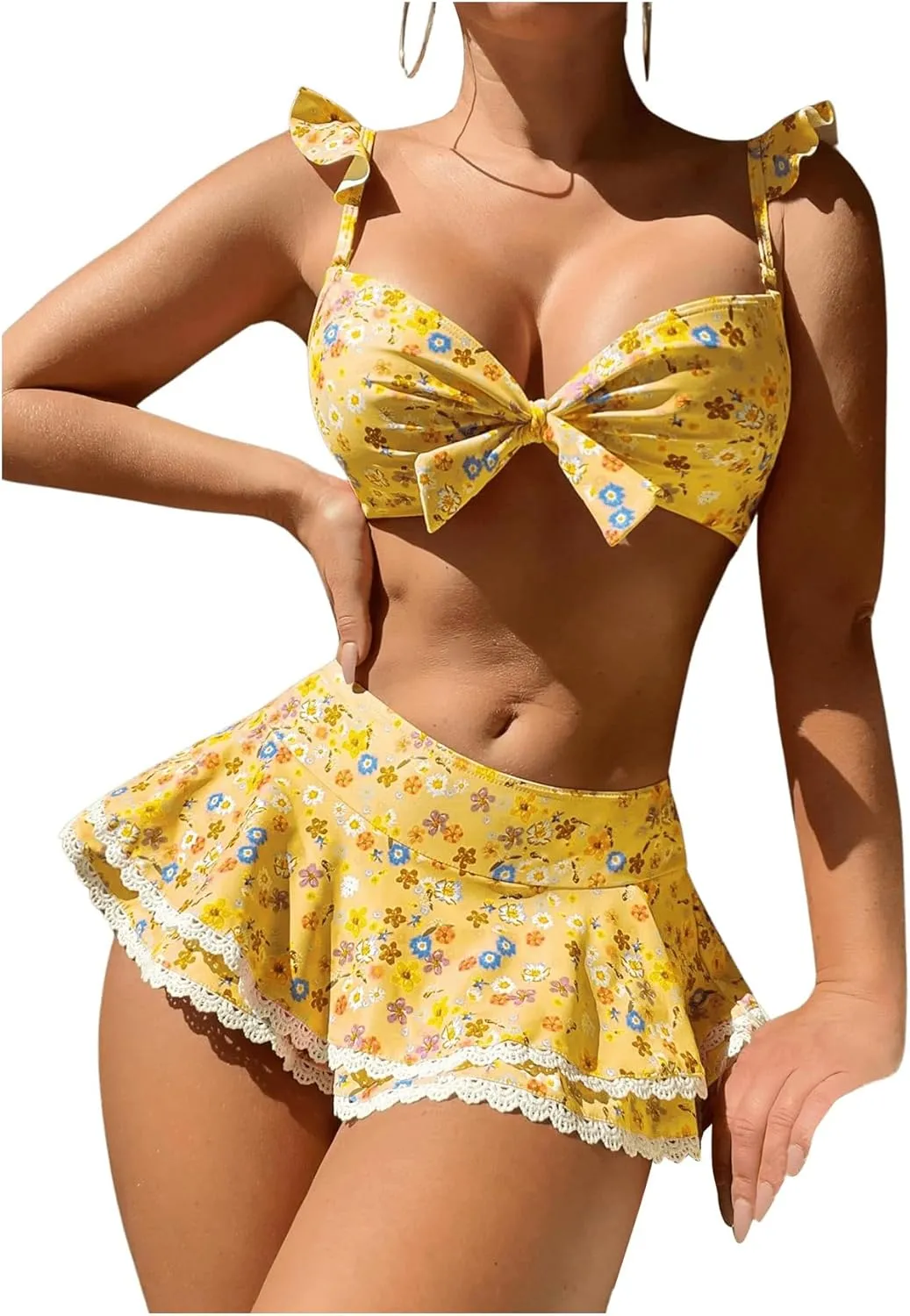 Women's 2 Piece Floral Print Bikini Sets with Frill Trim Skort Swimsuit Bathing Suit Beachwear
