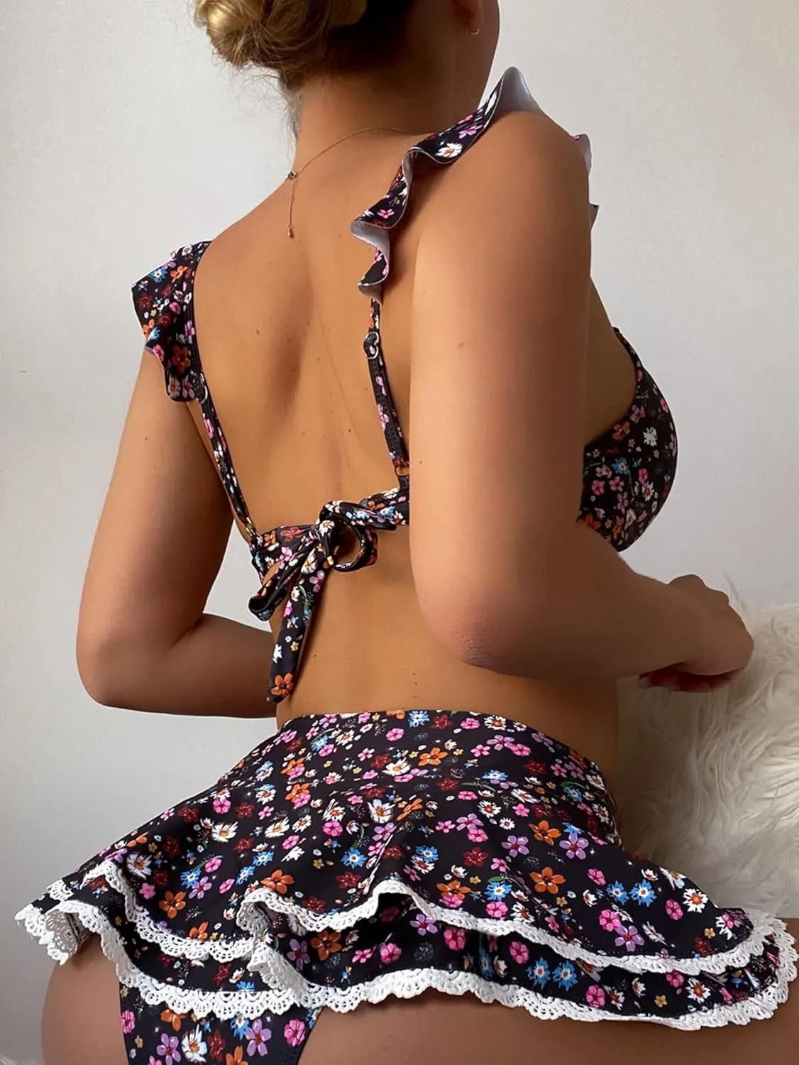 Women's 2 Piece Floral Print Bikini Sets with Frill Trim Skort Swimsuit Bathing Suit Beachwear