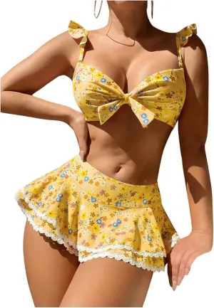Women's 2 Piece Floral Print Bikini Sets with Frill Trim Skort Swimsuit Bathing Suit Beachwear
