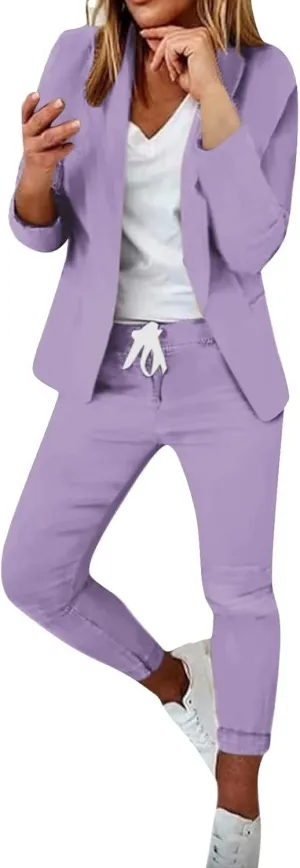 Women's 2 Piece Outfits Dressy Casual Lapel Neck Open-Front Blazer Drawstring Jogger Pants Sets Slim Fit Suit Set