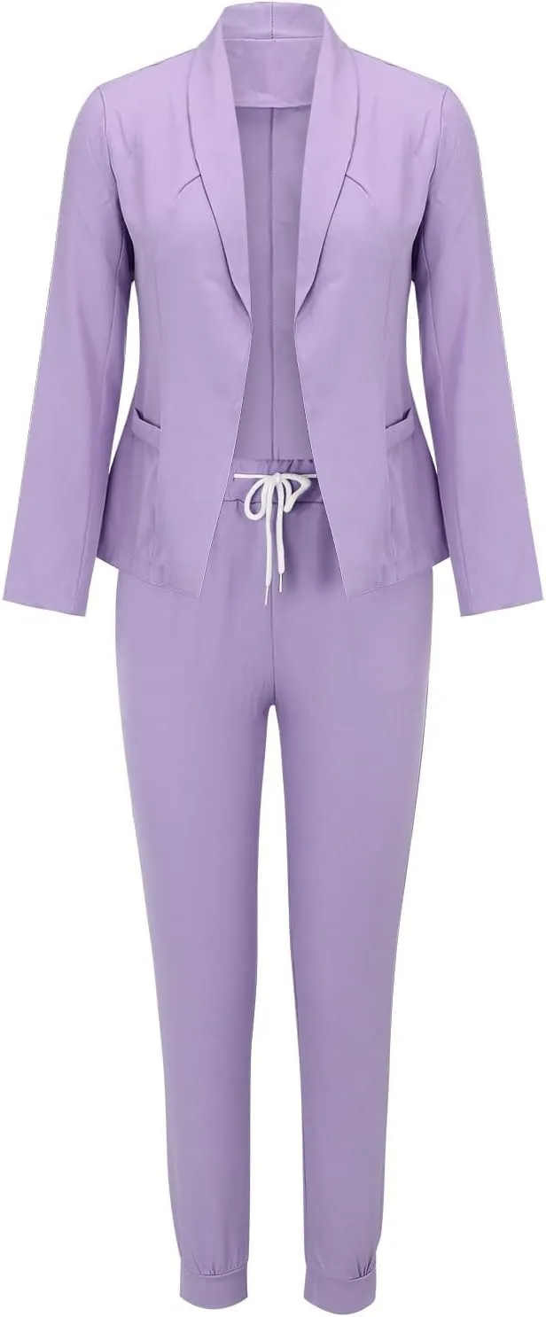 Women's 2 Piece Outfits Dressy Casual Lapel Neck Open-Front Blazer Drawstring Jogger Pants Sets Slim Fit Suit Set
