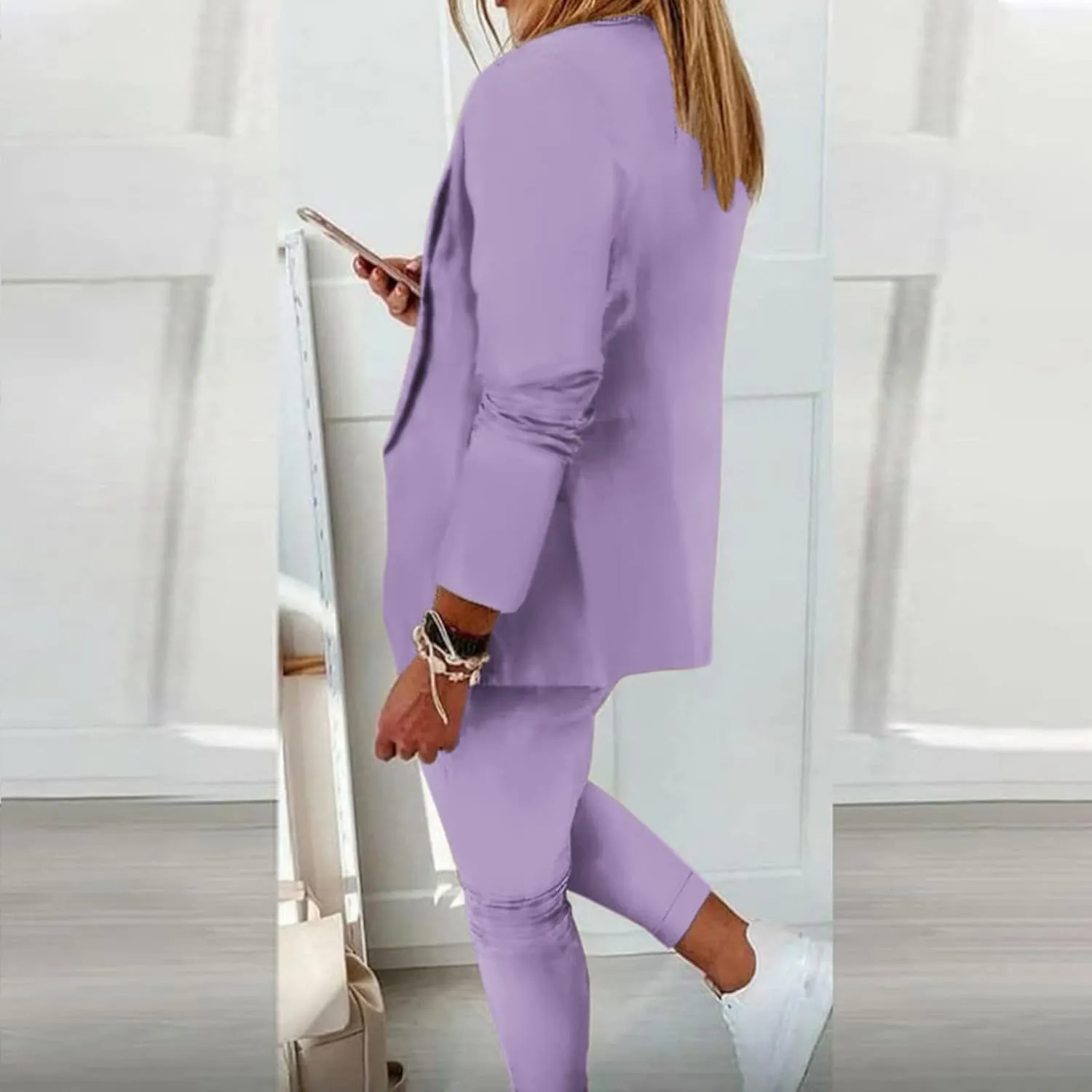 Women's 2 Piece Outfits Dressy Casual Lapel Neck Open-Front Blazer Drawstring Jogger Pants Sets Slim Fit Suit Set