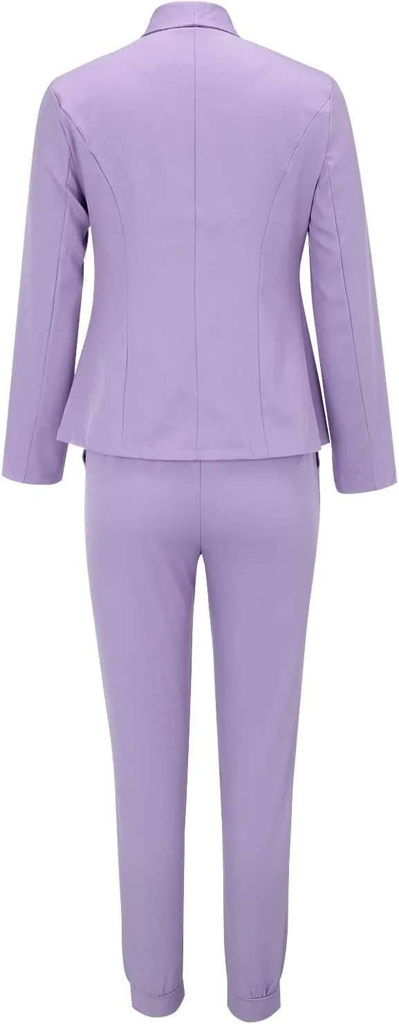 Women's 2 Piece Outfits Dressy Casual Lapel Neck Open-Front Blazer Drawstring Jogger Pants Sets Slim Fit Suit Set